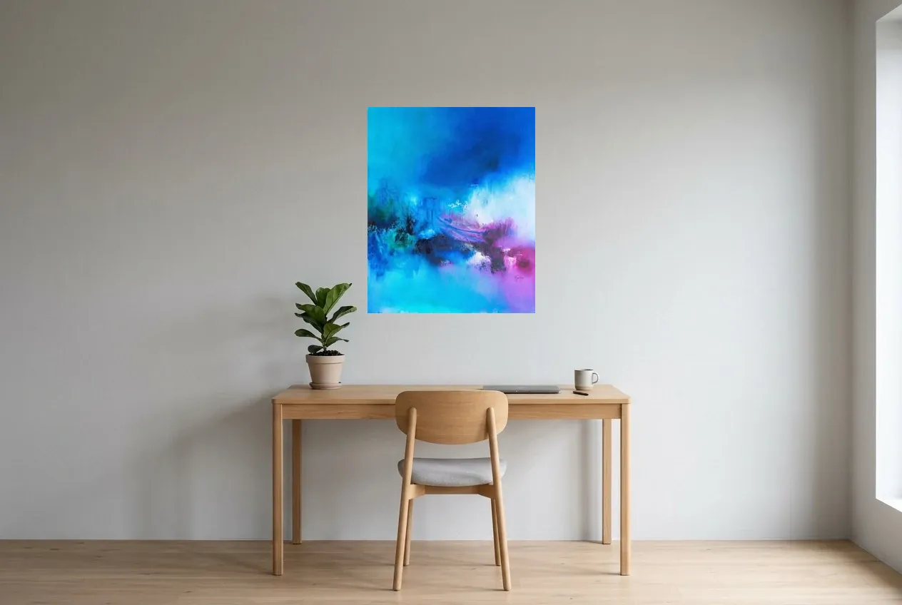 Cuadro Abstracto Azul 230 “Commencement”, pintura original al óleo de Régine Gardan, 65 × 80 cm, colgado en un despacho