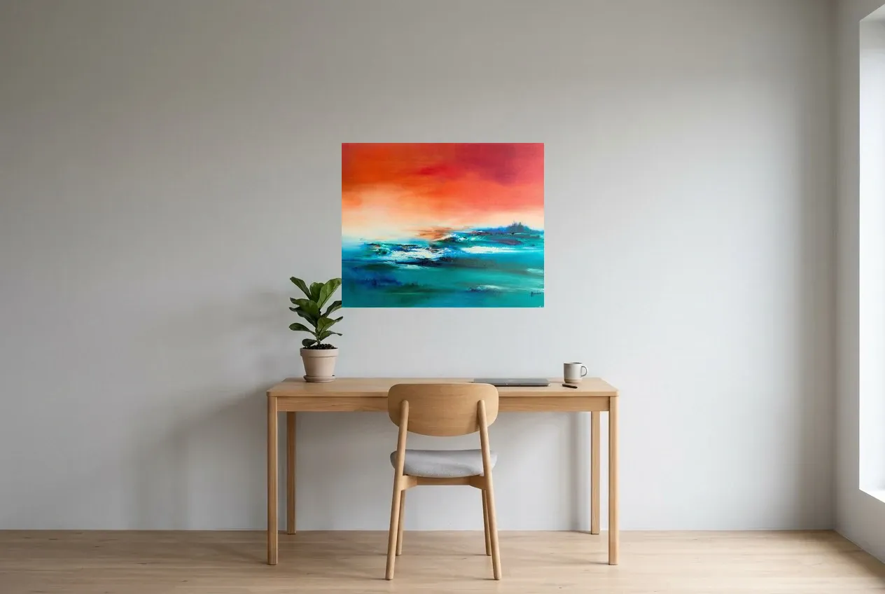 Cuadro Abstracto Azul 233 “Équilibre”, pintura original al óleo de Régine Gardan, 80 × 65 cm, colgado en un despacho