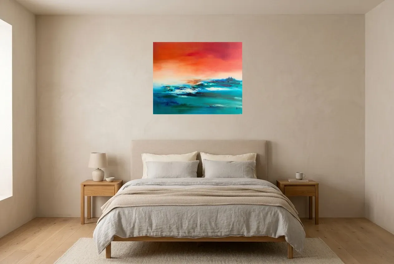 Cuadro Abstracto Azul 233 “Équilibre”, pintura original al óleo de Régine Gardan, 80 × 65 cm, colgado en un dormitorio