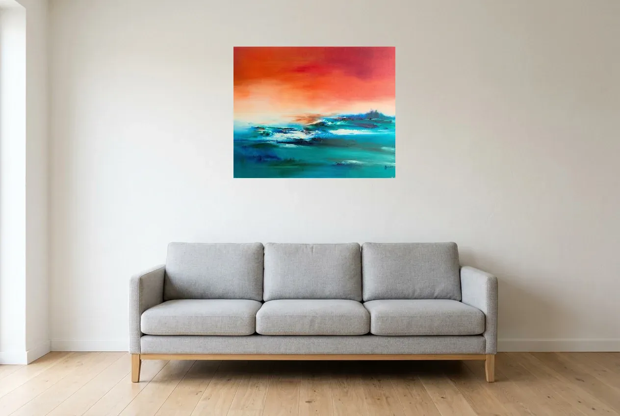 Cuadro Abstracto Azul 233 “Équilibre”, pintura original al óleo de Régine Gardan, 80 × 65 cm, colgado en un salón