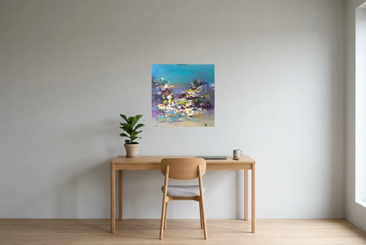 Blue Abstract Painting 24 “Papillon De Nuit”, original oil painting by Régine Gardan, 60 × 60 cm, hung in a home office