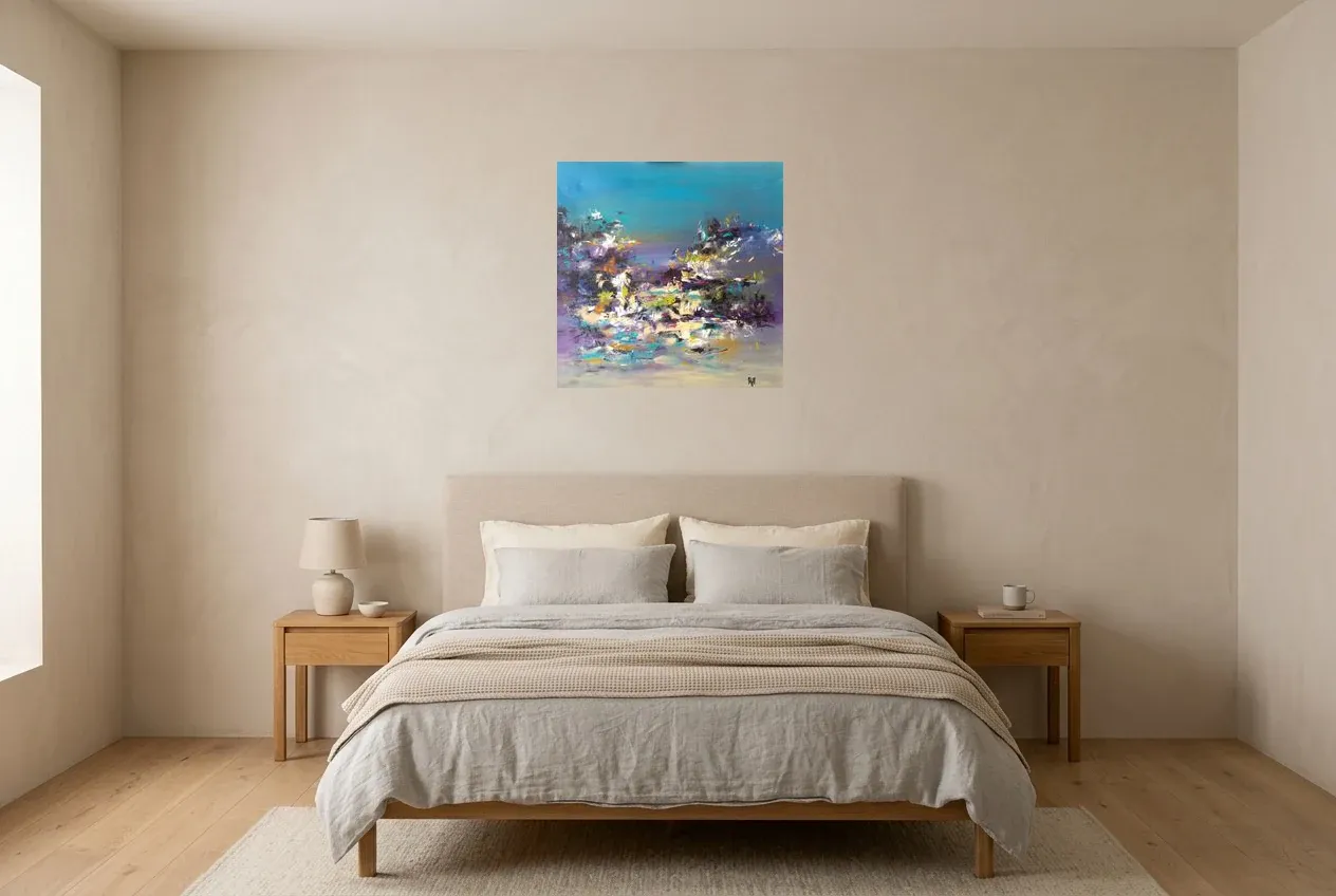 Blue Abstract Painting 24 “Papillon De Nuit”, original oil painting by Régine Gardan, 60 × 60 cm, hung in a bedroom