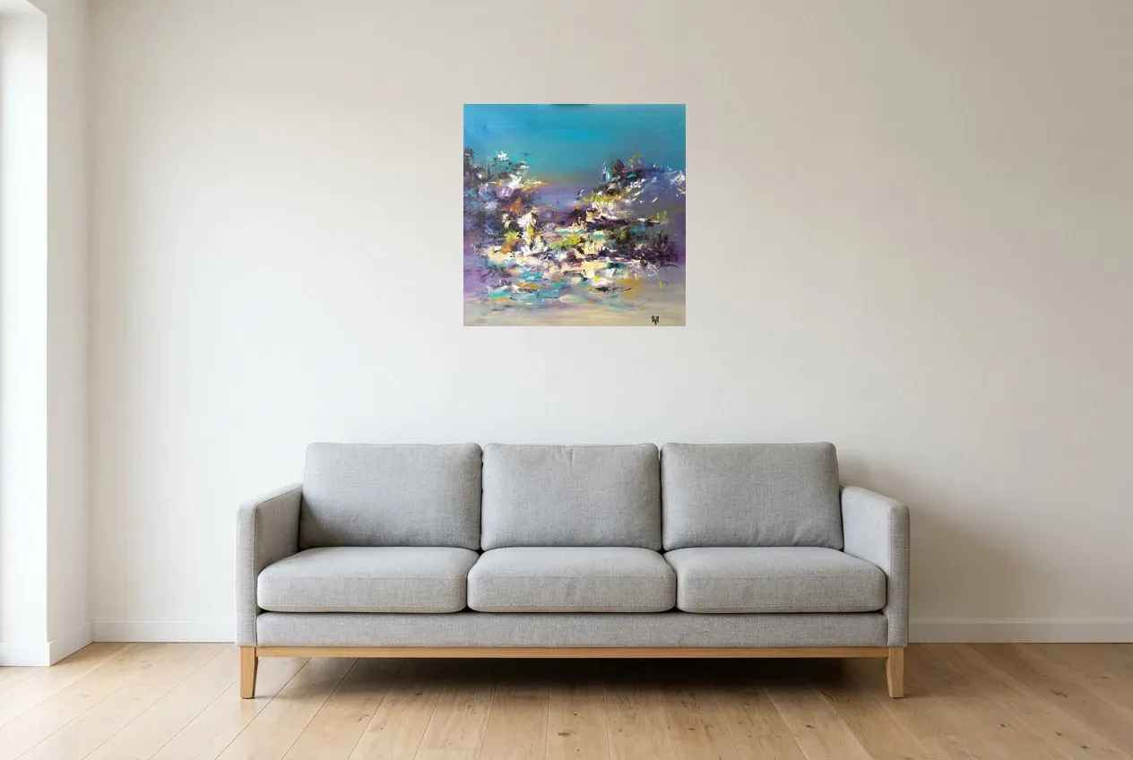 Blue Abstract Painting 24 “Papillon De Nuit”, original oil painting by Régine Gardan, 60 × 60 cm, hung in a living room