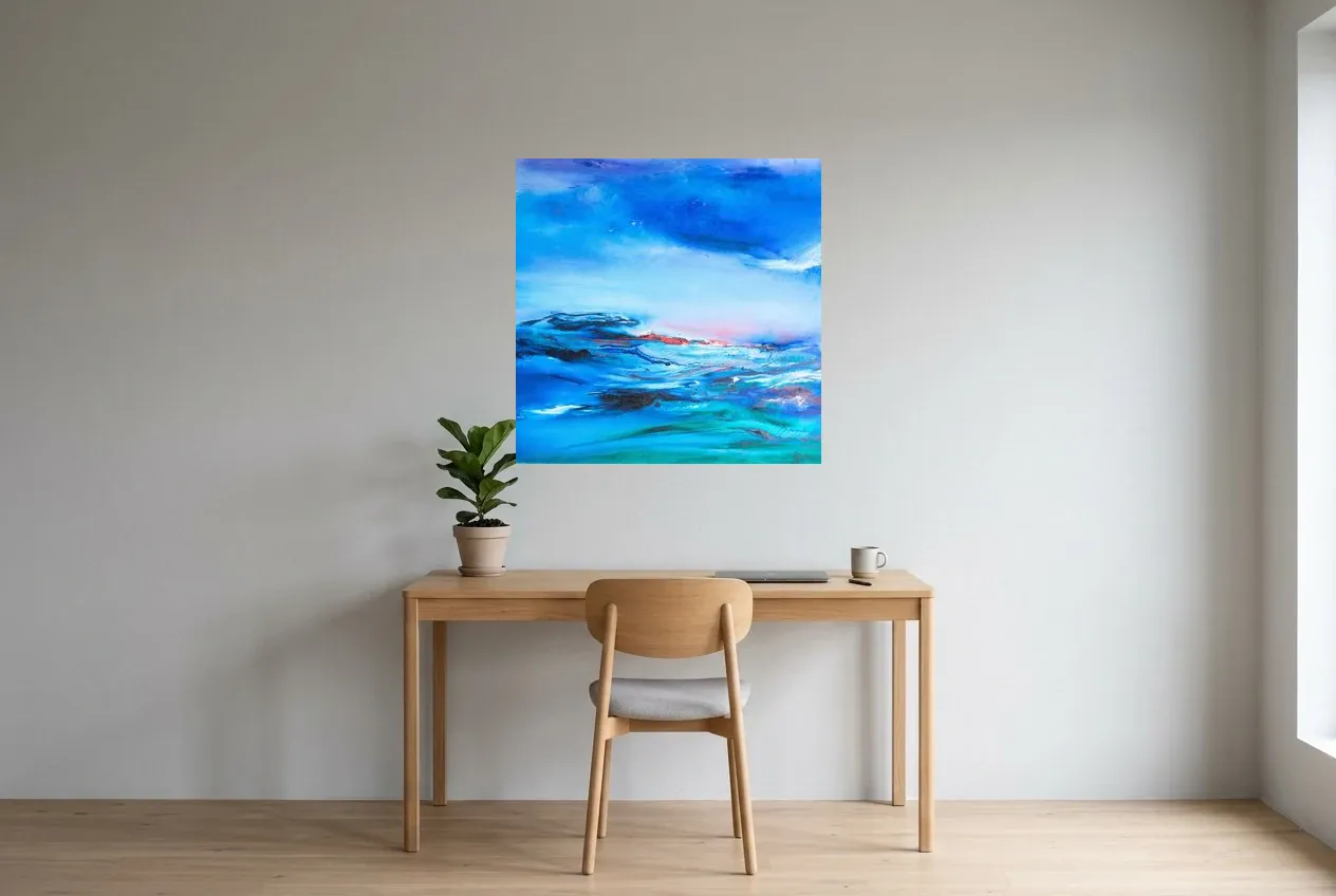 Blue Abstract Painting 241 “Éclairci”, original oil painting by Régine Gardan, 80 × 80 cm, hung in a home office