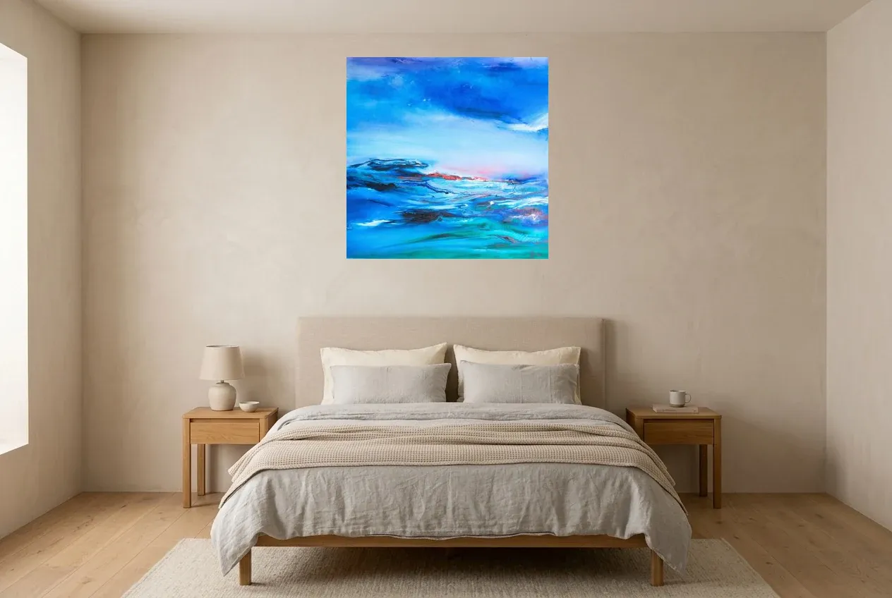 Blue Abstract Painting 241 “Éclairci”, original oil painting by Régine Gardan, 80 × 80 cm, hung in a bedroom