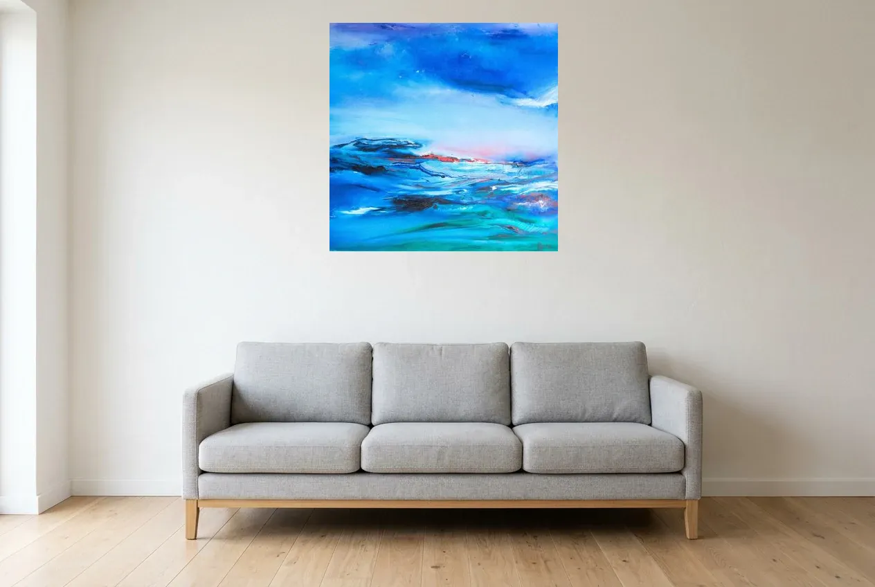 Blue Abstract Painting 241 “Éclairci”, original oil painting by Régine Gardan, 80 × 80 cm, hung in a living room