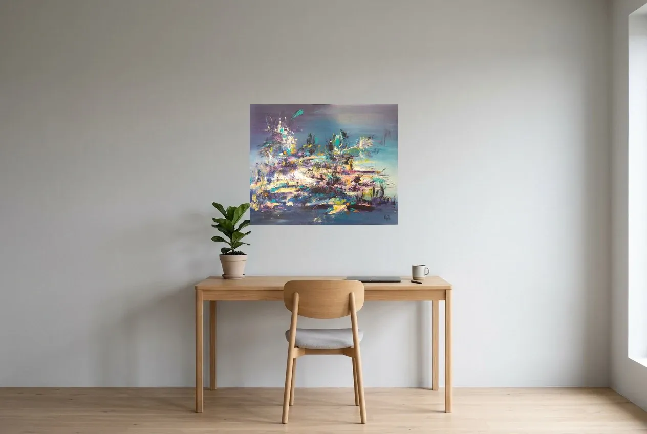 Blue Abstract Painting 42 “Reflets d’Étoiles”, original oil painting by Régine Gardan, 80 × 65 cm, hung in a home office