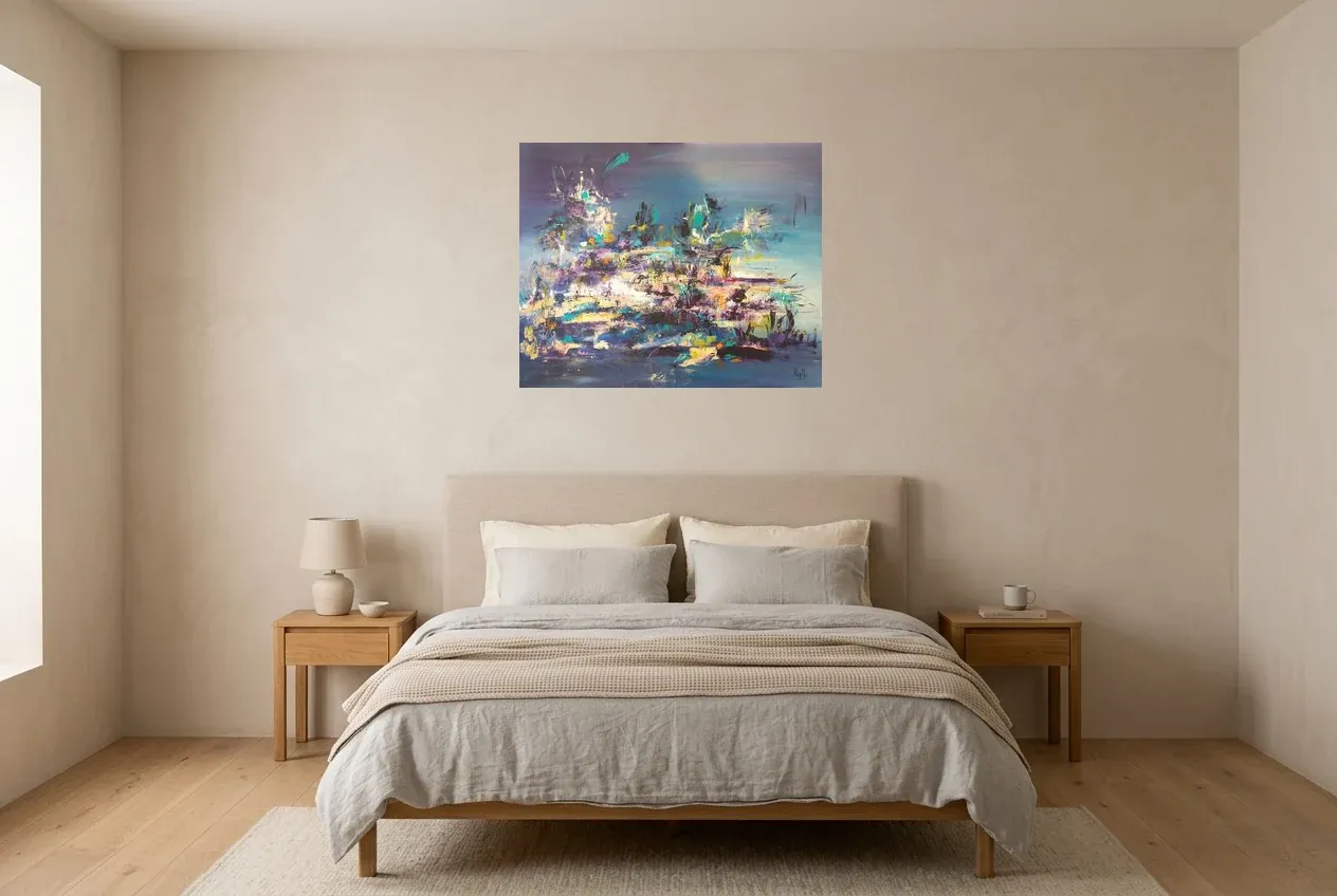 Blue Abstract Painting 42 “Reflets d’Étoiles”, original oil painting by Régine Gardan, 80 × 65 cm, hung in a bedroom