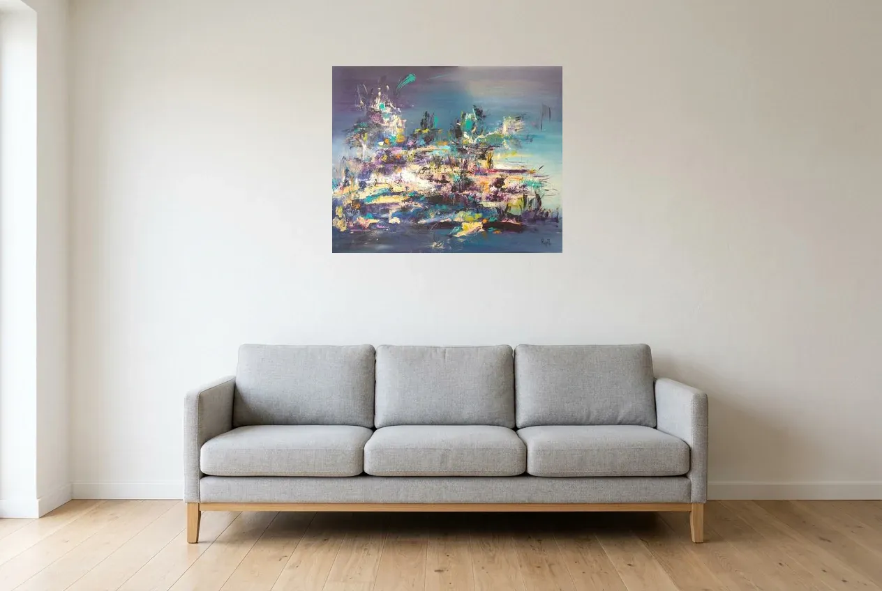 Blue Abstract Painting 42 “Reflets d’Étoiles”, original oil painting by Régine Gardan, 80 × 65 cm, hung in a living room