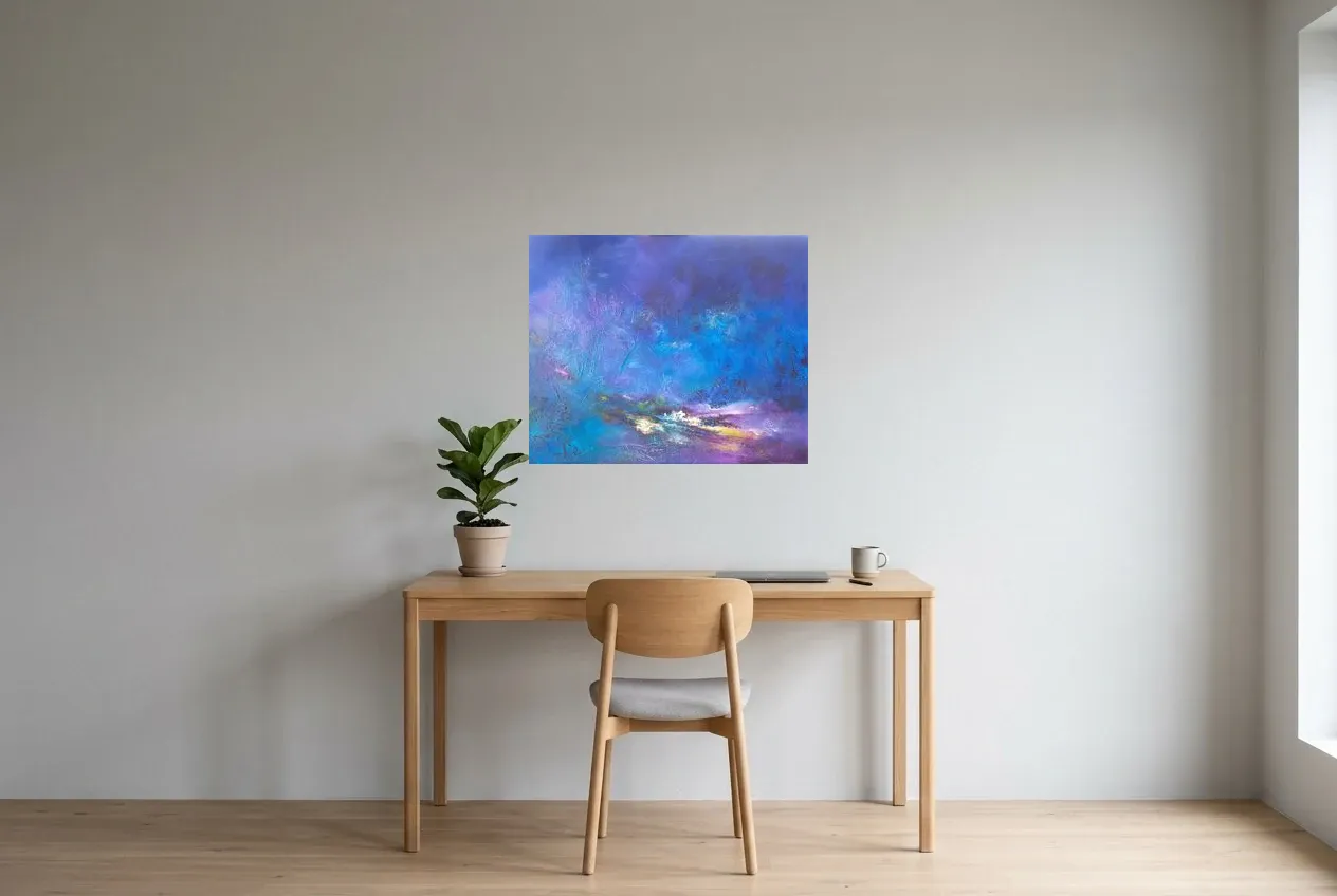 Blue Abstract Painting 53 “Froid Polaire”, original oil painting by Régine Gardan, 73 × 60 cm, hung in a home office