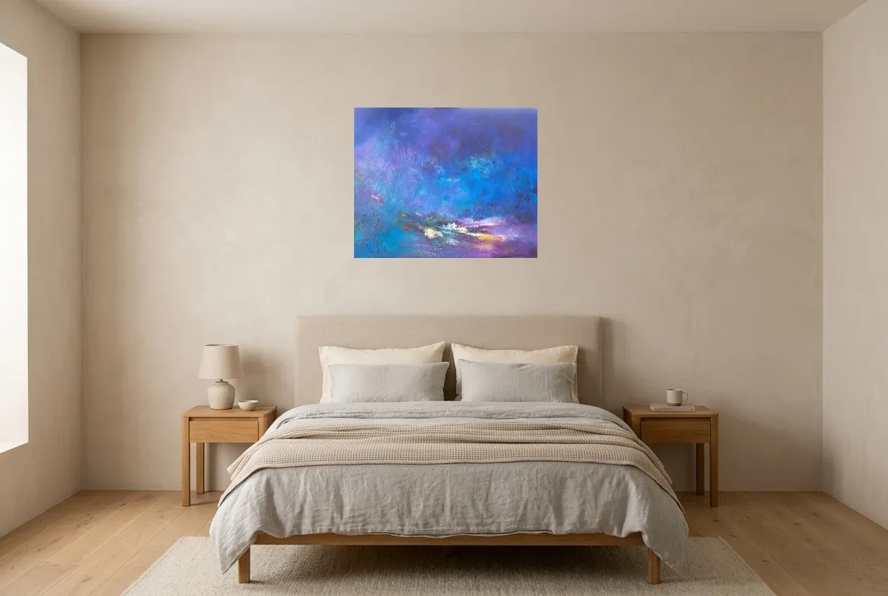 Blue Abstract Painting 53 “Froid Polaire”, original oil painting by Régine Gardan, 73 × 60 cm, hung in a bedroom