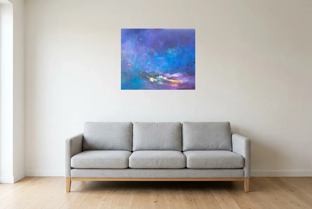Blue Abstract Painting 53 “Froid Polaire”, original oil painting by Régine Gardan, 73 × 60 cm, hung in a living room