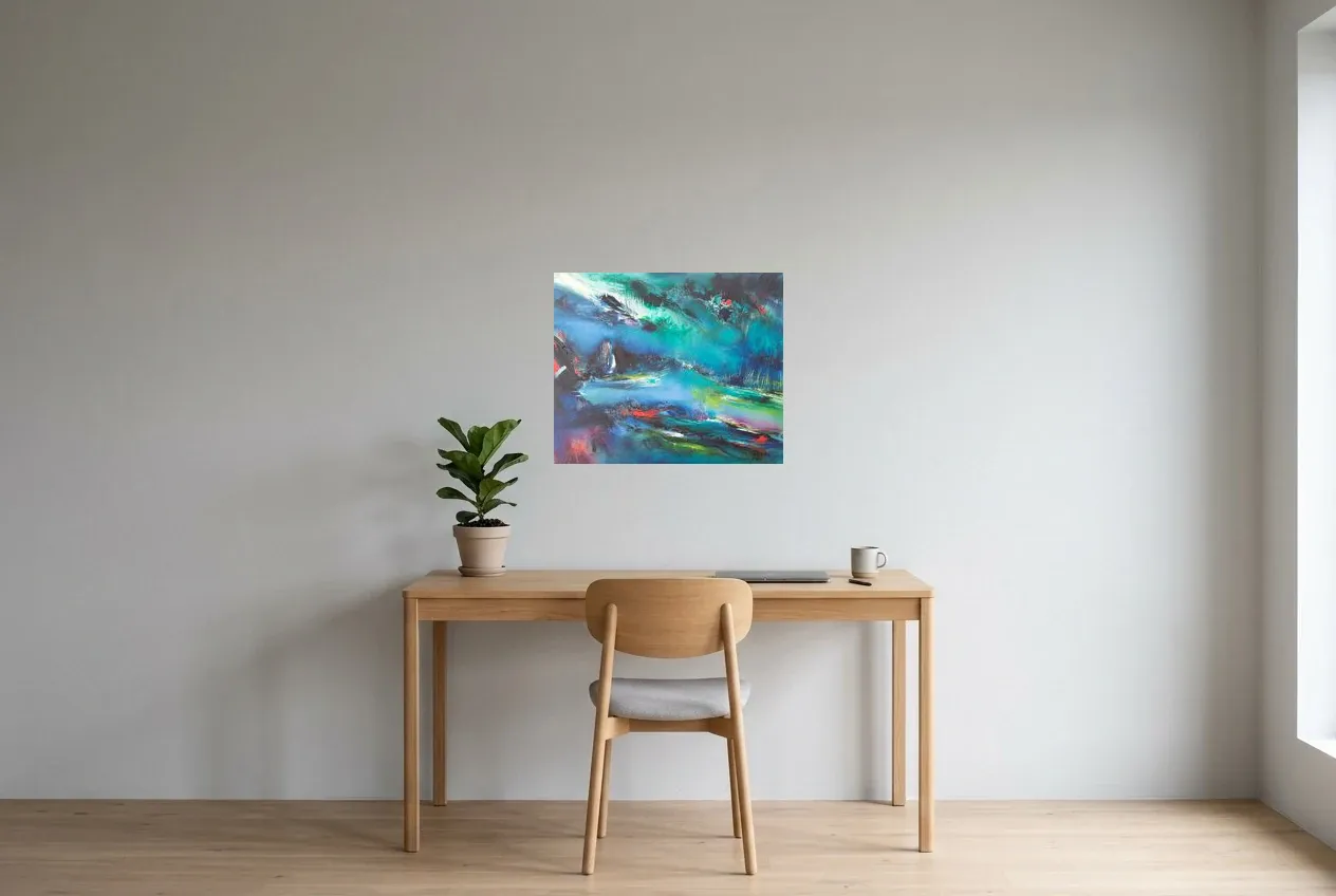 Blue Abstract Painting 59 “Lac Paisible”, original oil painting by Régine Gardan, 60 × 50 cm, hung in a home office