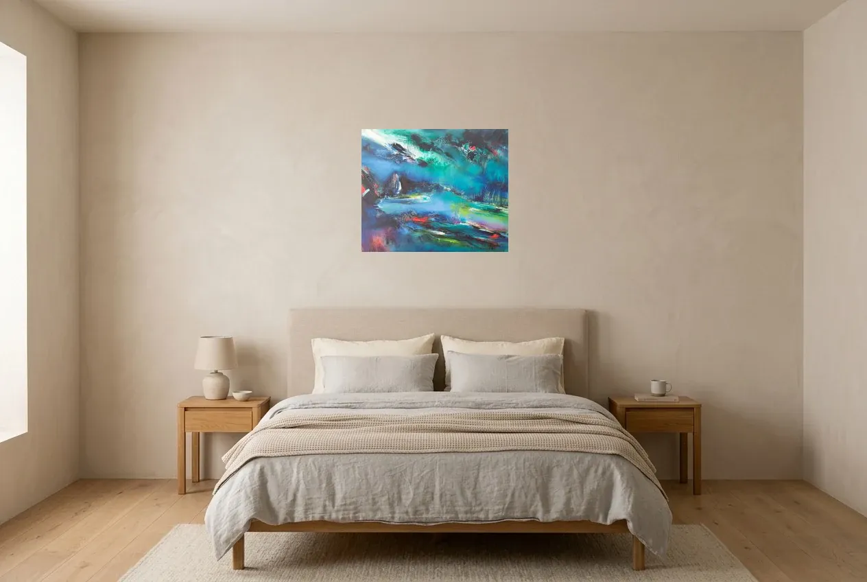 Blue Abstract Painting 59 “Lac Paisible”, original oil painting by Régine Gardan, 60 × 50 cm, hung in a bedroom