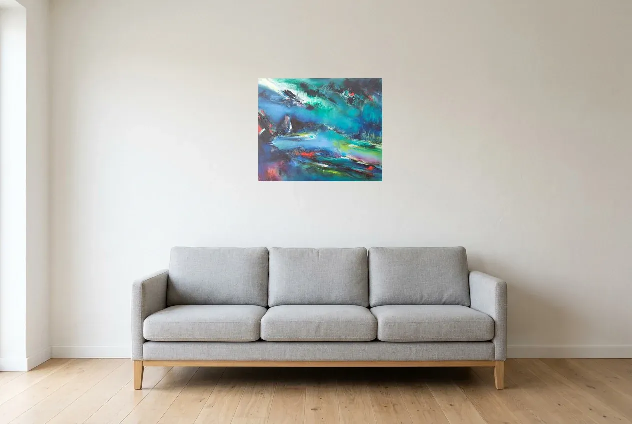 Blue Abstract Painting 59 “Lac Paisible”, original oil painting by Régine Gardan, 60 × 50 cm, hung in a living room