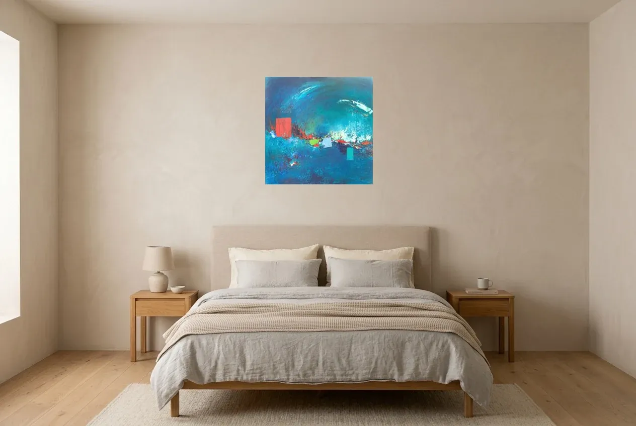 Blue Abstract Painting 60 “Torrent De Mystères”, original oil painting by Régine Gardan, 60 × 60 cm, hung in a bedroom