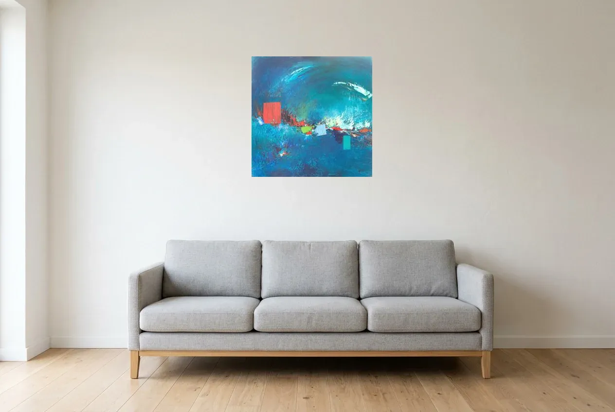 Blue Abstract Painting 60 “Torrent De Mystères”, original oil painting by Régine Gardan, 60 × 60 cm, hung in a living room