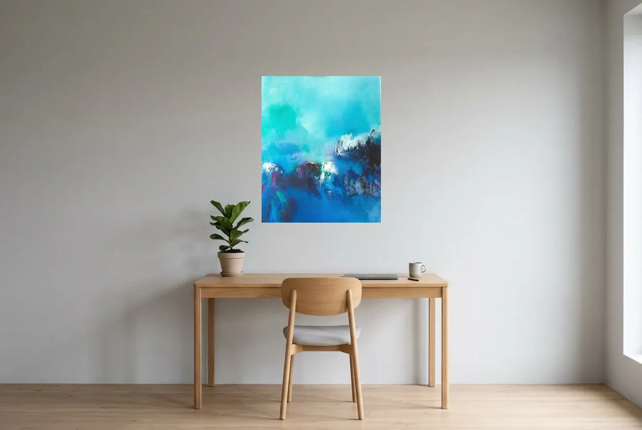 Blue Abstract Painting 76 “Baie Des Anges”, original oil painting by Régine Gardan, 65 × 80 cm, hung in a home office