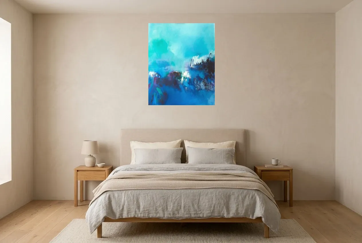Blue Abstract Painting 76 “Baie Des Anges”, original oil painting by Régine Gardan, 65 × 80 cm, hung in a bedroom