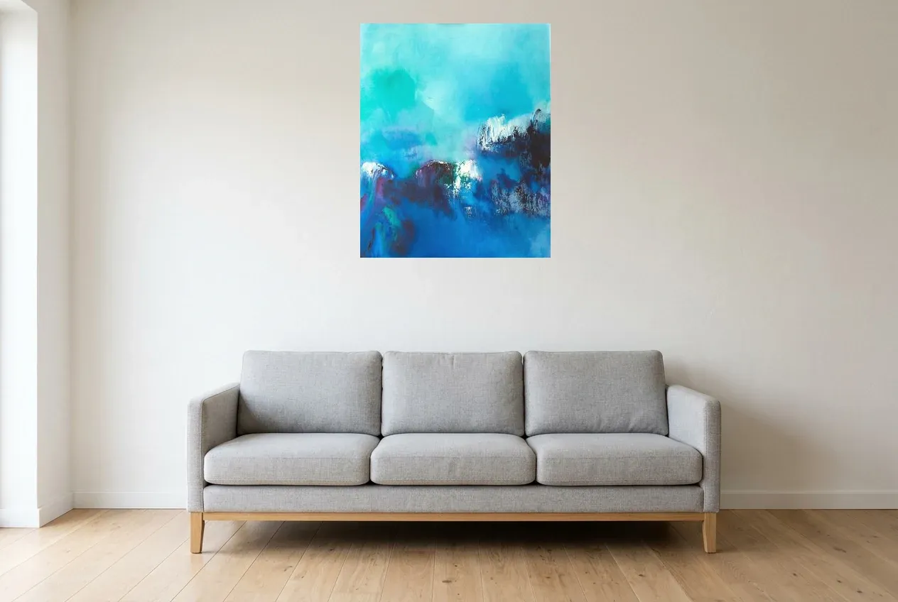 Blue Abstract Painting 76 “Baie Des Anges”, original oil painting by Régine Gardan, 65 × 80 cm, hung in a living room