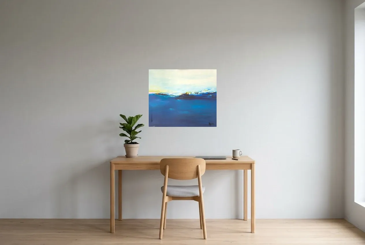 Cuadro Abstracto Azul 78 “Vague Douce”, pintura original al óleo de Régine Gardan, 65 × 55 cm, colgado en un despacho