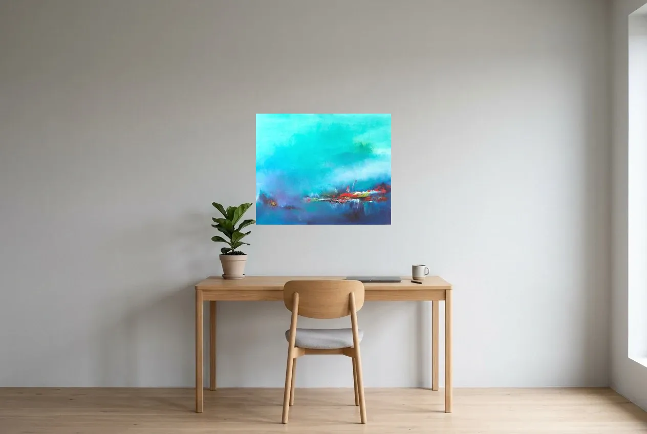 Blue Abstract Painting 86 “Mirage Brumeux”, original oil painting by Régine Gardan, 73 × 60 cm, hung in a home office