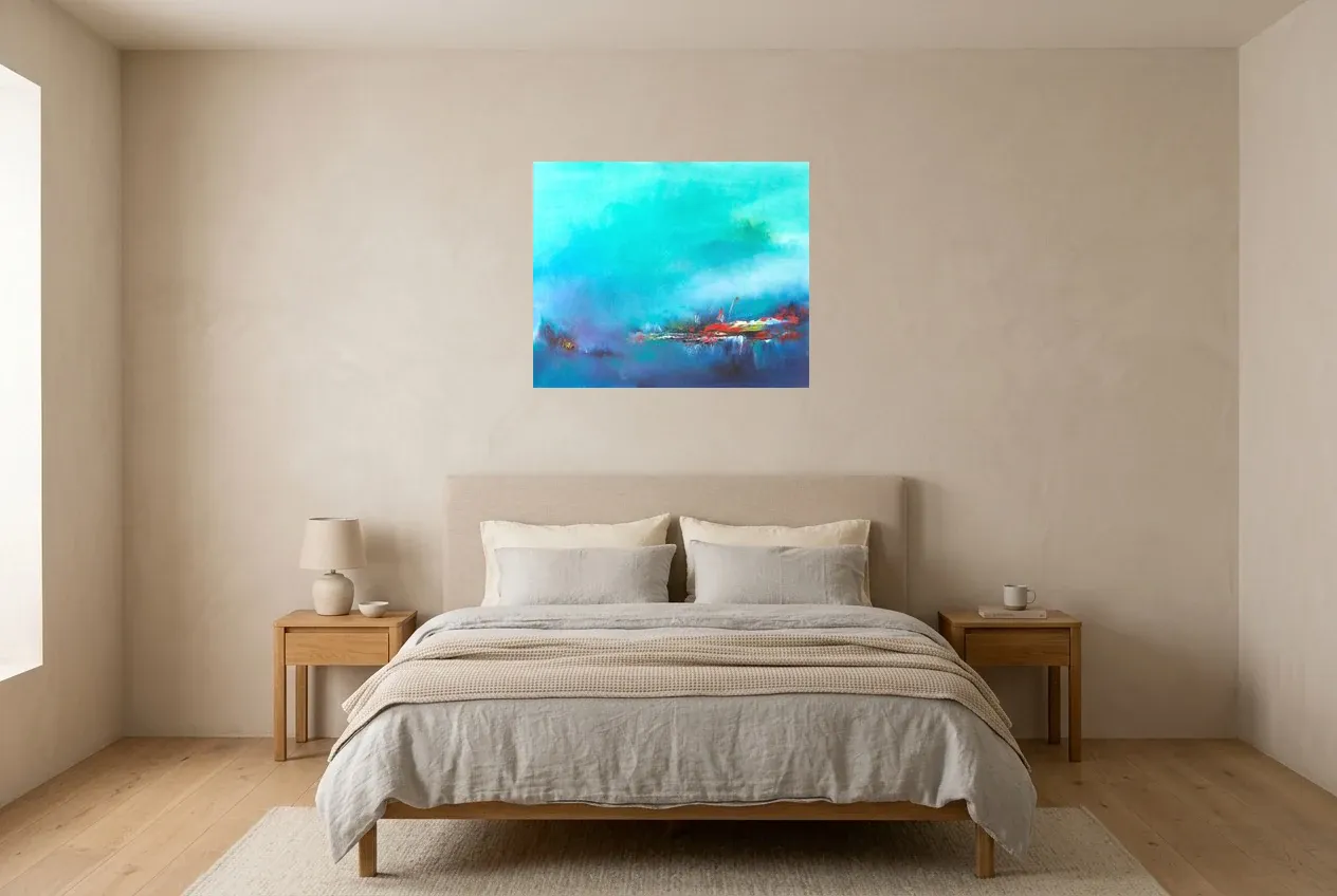 Blue Abstract Painting 86 “Mirage Brumeux”, original oil painting by Régine Gardan, 73 × 60 cm, hung in a bedroom