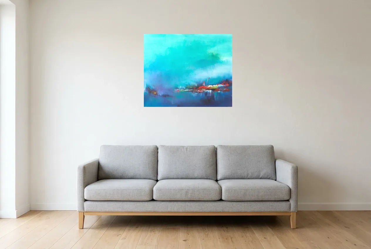 Blue Abstract Painting 86 “Mirage Brumeux”, original oil painting by Régine Gardan, 73 × 60 cm, hung in a living room