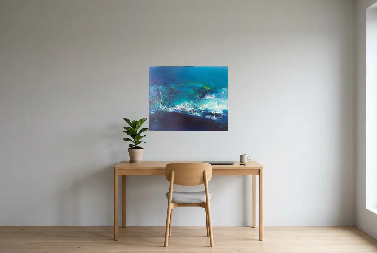 Blue Abstract Painting “Île Volante” 92, original oil painting by Régine Gardan, 73 × 60 cm, hung in a home office