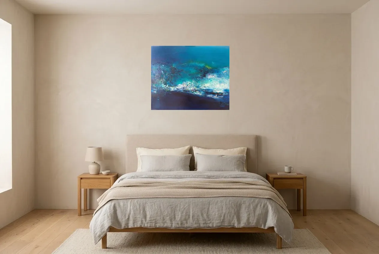 Blue Abstract Painting “Île Volante” 92, original oil painting by Régine Gardan, 73 × 60 cm, hung in a bedroom