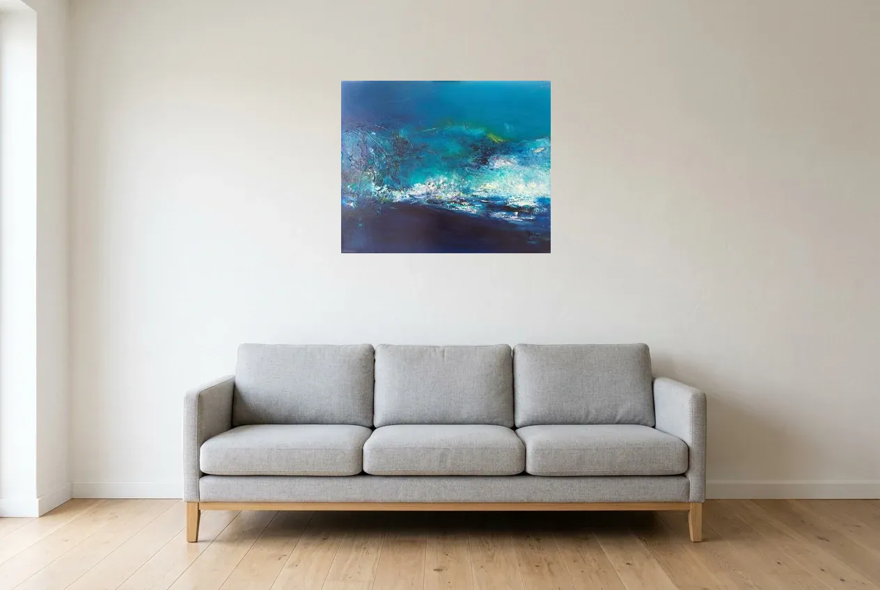 Blue Abstract Painting “Île Volante” 92, original oil painting by Régine Gardan, 73 × 60 cm, hung in a living room