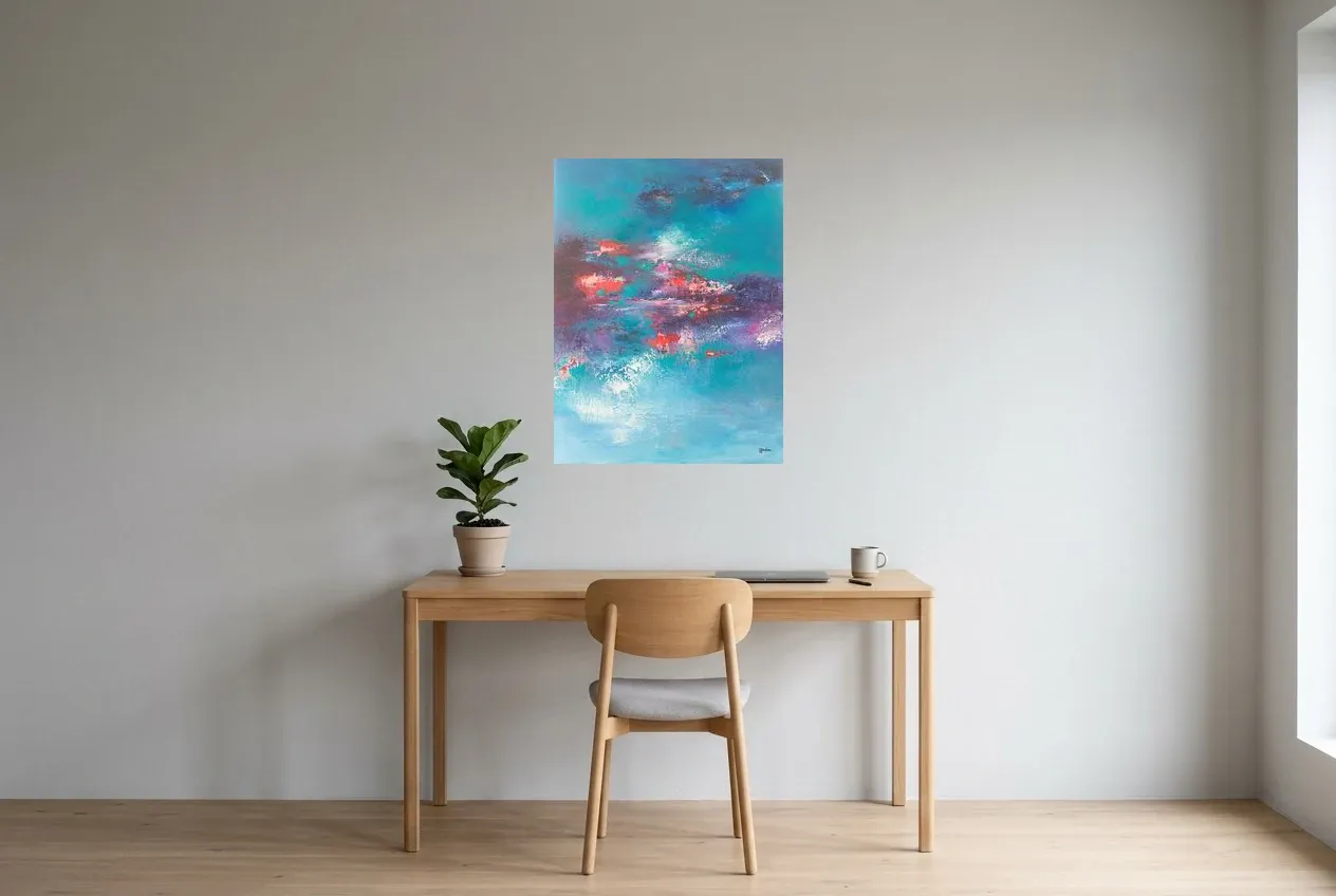 Cuadro Abstracto Azul 93 “Fleuve Chaleureux”, pintura original al óleo de Régine Gardan, 60 × 80 cm, colgado en un despacho