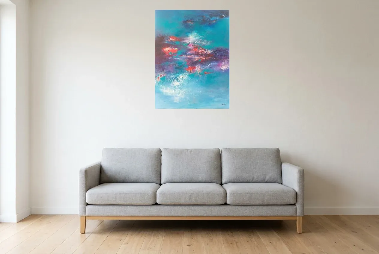 Cuadro Abstracto Azul 93 “Fleuve Chaleureux”, pintura original al óleo de Régine Gardan, 60 × 80 cm, colgado en un salón