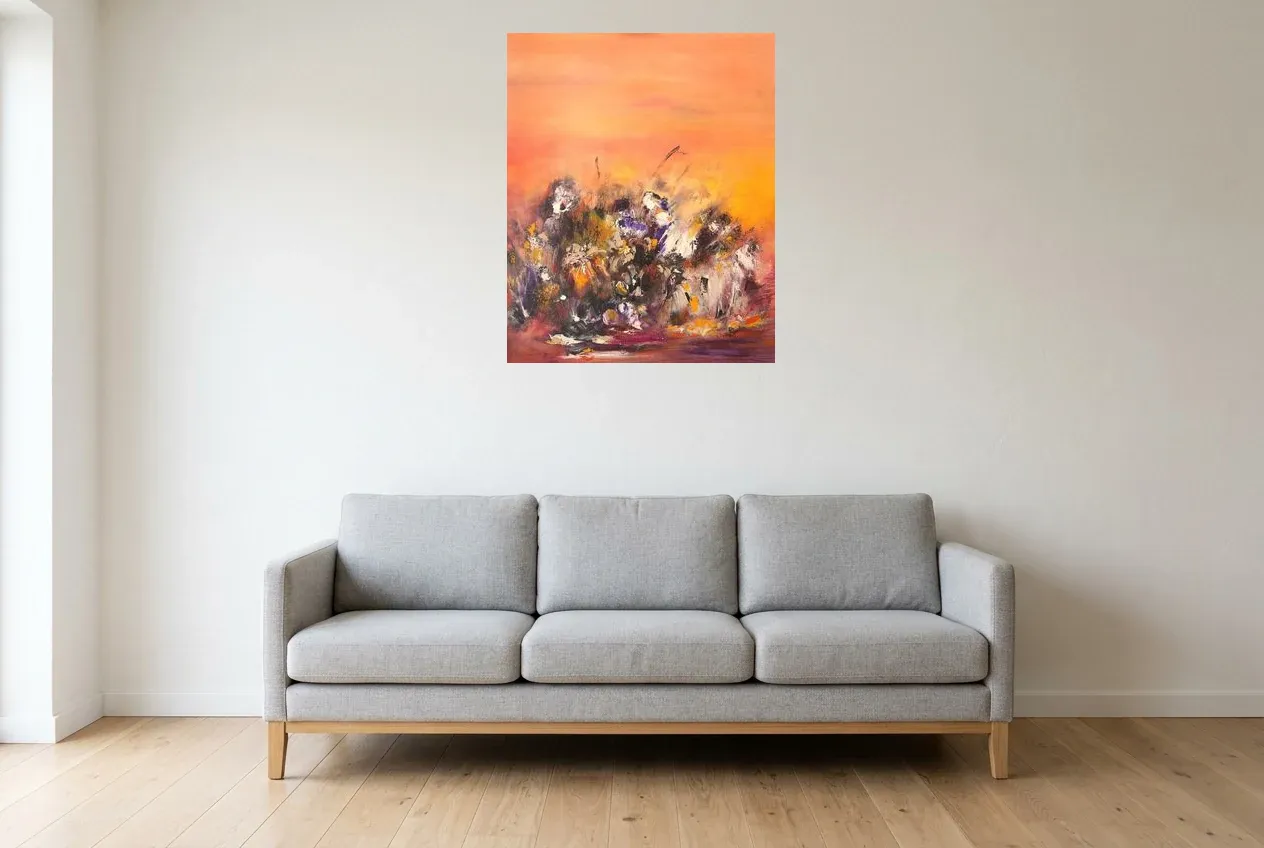 Cuadro Abstracto Rojo 44 “Uluru” - Pintura Abstracta Moderna de Colores, pintura original al óleo de Régine Gardan, 65 × 80 cm, colgado en un salón
