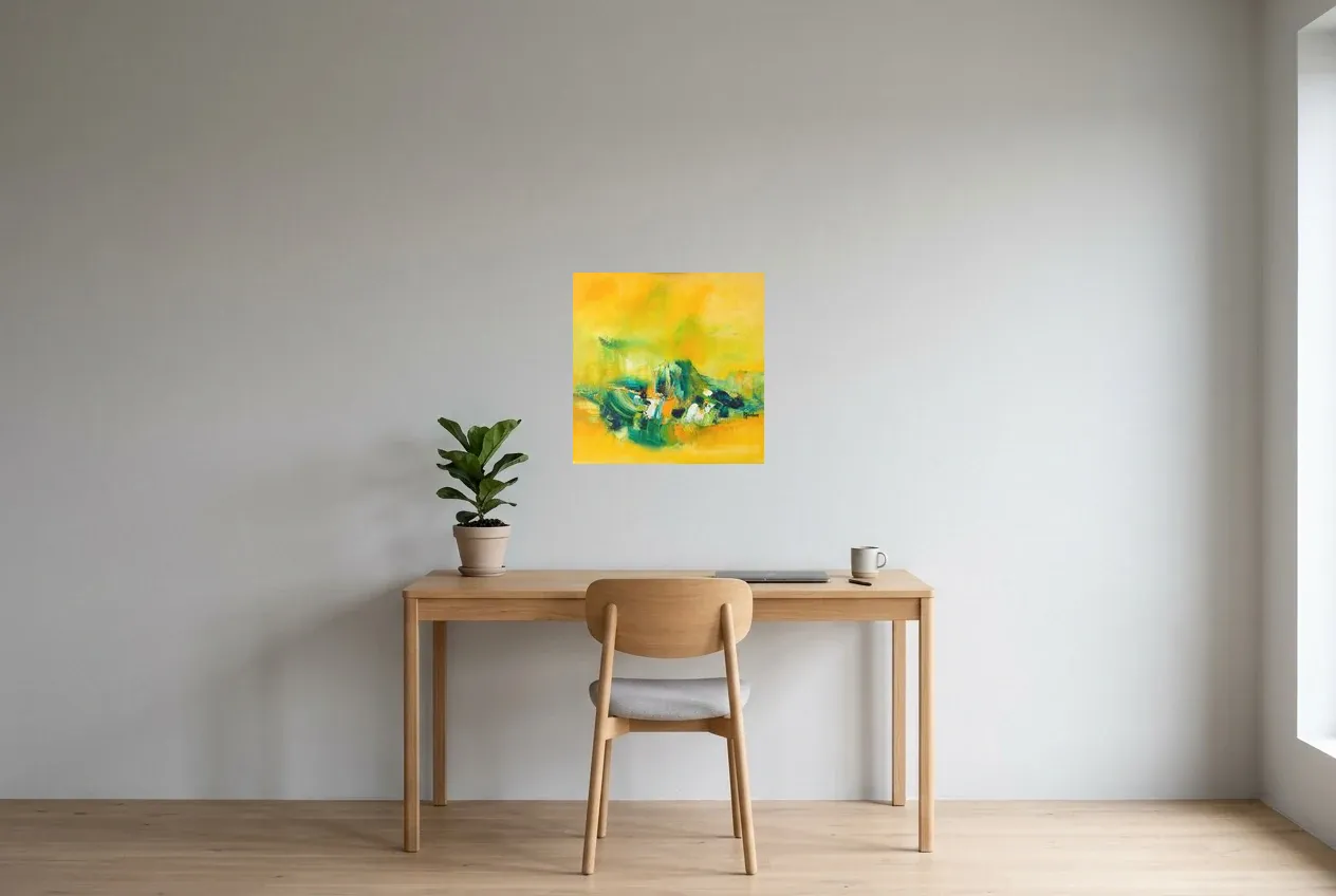 Arte Abstracto Amarillo 111 “Oasis”, pintura original al óleo de Régine Gardan, 50 × 50 cm, colgado en un despacho