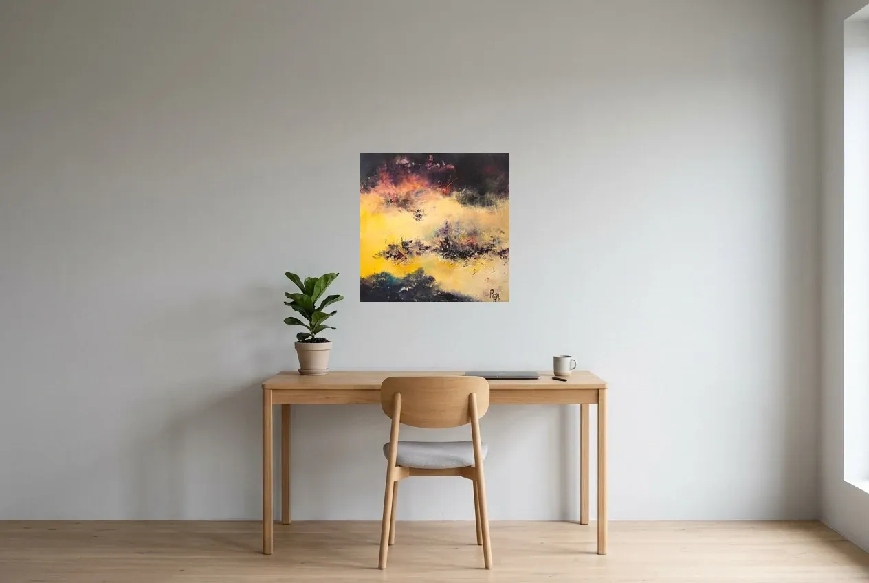 Yellow Abstract Painting 13 “El Dorado”, original oil painting by Régine Gardan, 60 × 60 cm, hung in a home office