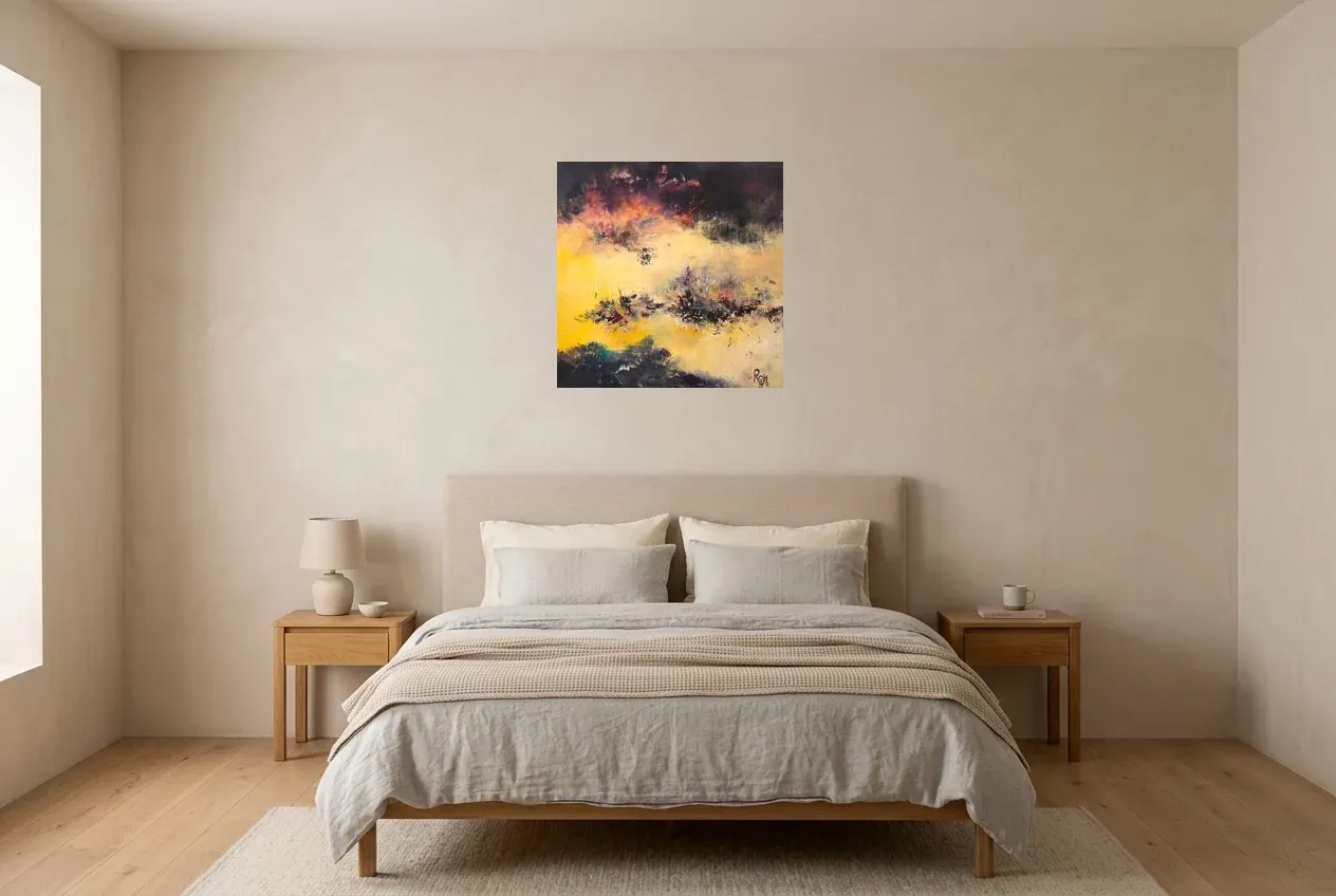 Yellow Abstract Painting 13 “El Dorado”, original oil painting by Régine Gardan, 60 × 60 cm, hung in a bedroom