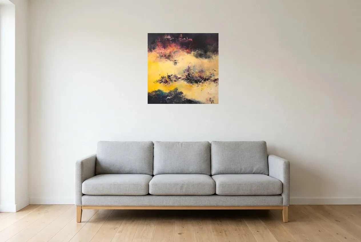 Yellow Abstract Painting 13 “El Dorado”, original oil painting by Régine Gardan, 60 × 60 cm, hung in a living room
