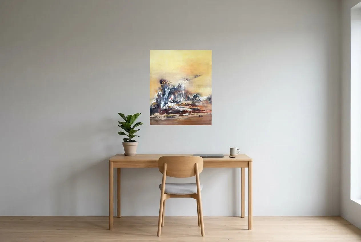 Pintura Abstracta Amarillo 139 “Cap”, pintura original al óleo de Régine Gardan, 60 × 73 cm, colgado en un despacho