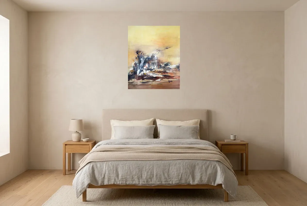Pintura Abstracta Amarillo 139 “Cap”, pintura original al óleo de Régine Gardan, 60 × 73 cm, colgado en un dormitorio