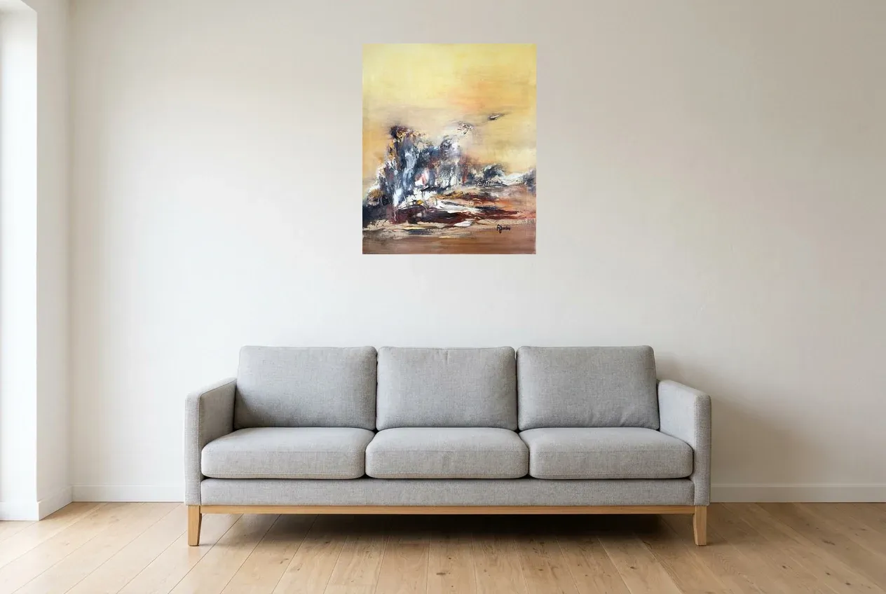 Pintura Abstracta Amarillo 139 “Cap”, pintura original al óleo de Régine Gardan, 60 × 73 cm, colgado en un salón