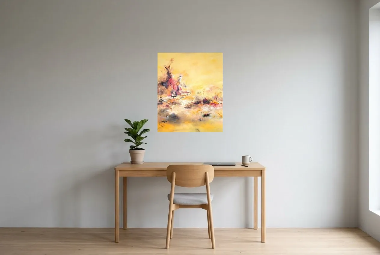 Yellow Abstract Painting 156 “Marchand De Sable”, original oil painting by Régine Gardan, 60 × 73 cm, hung in a home office