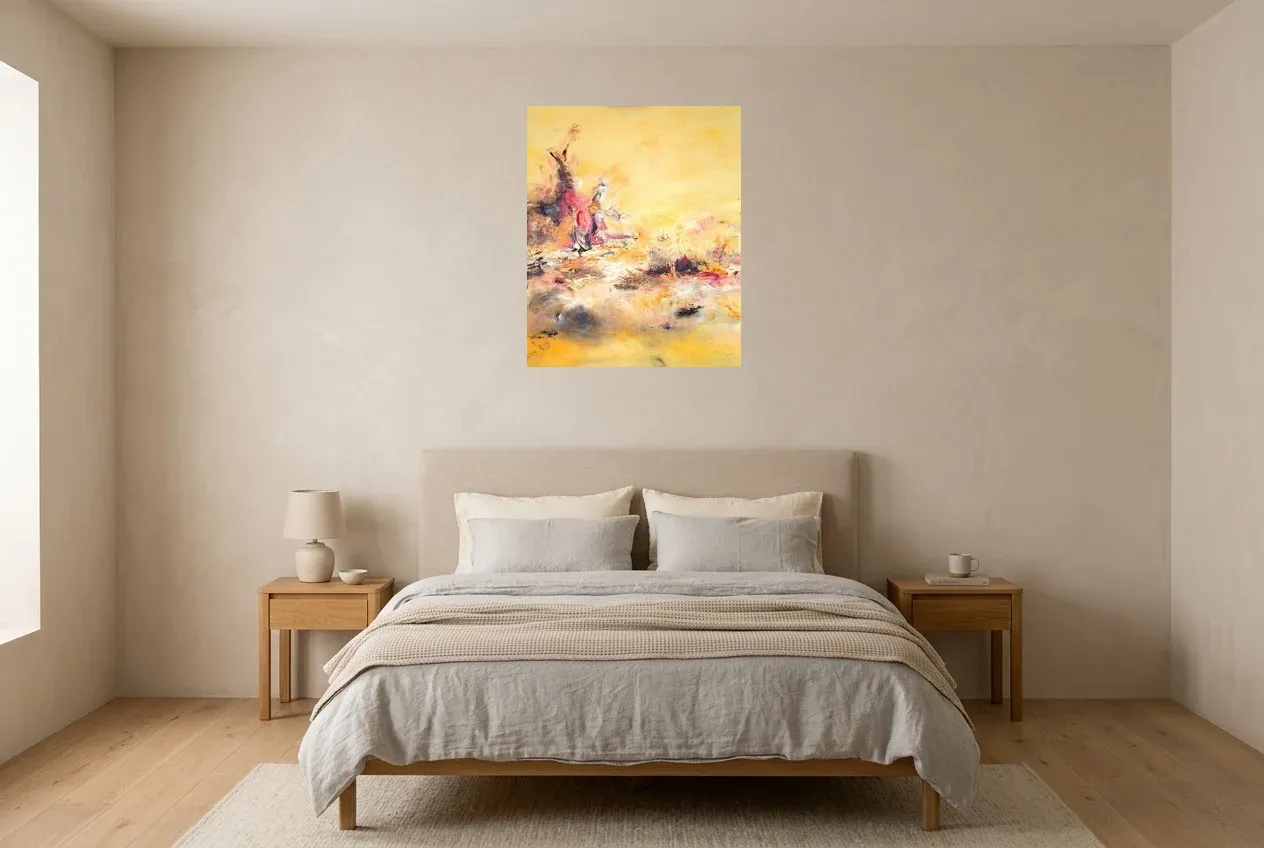 Yellow Abstract Painting 156 “Marchand De Sable”, original oil painting by Régine Gardan, 60 × 73 cm, hung in a bedroom