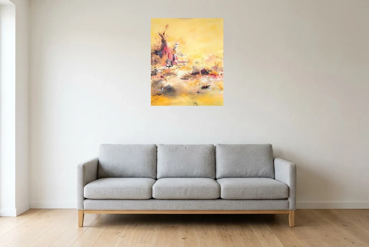 Yellow Abstract Painting 156 “Marchand De Sable”, original oil painting by Régine Gardan, 60 × 73 cm, hung in a living room