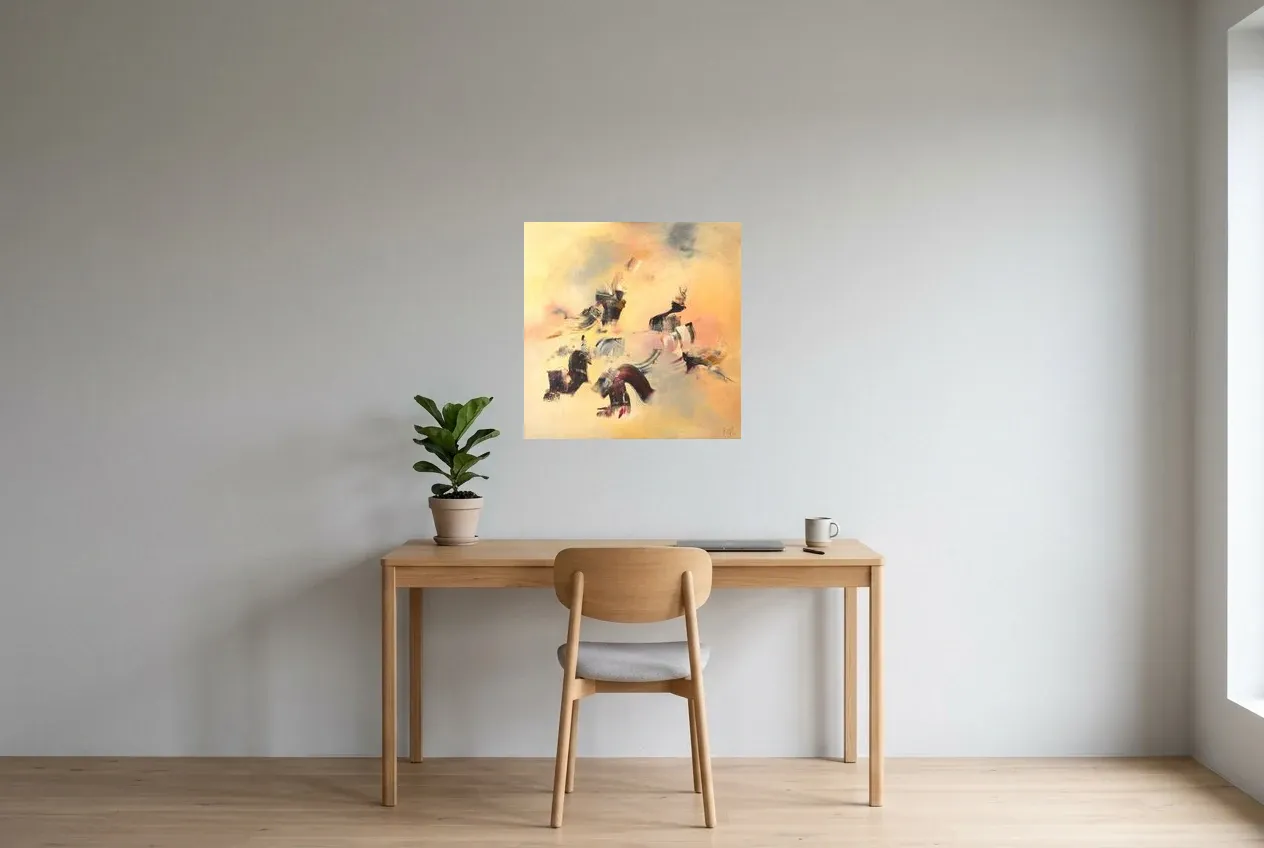 Yellow Abstract Painting 16 “Danse Celeste”, original oil painting by Régine Gardan, 60 × 60 cm, hung in a home office
