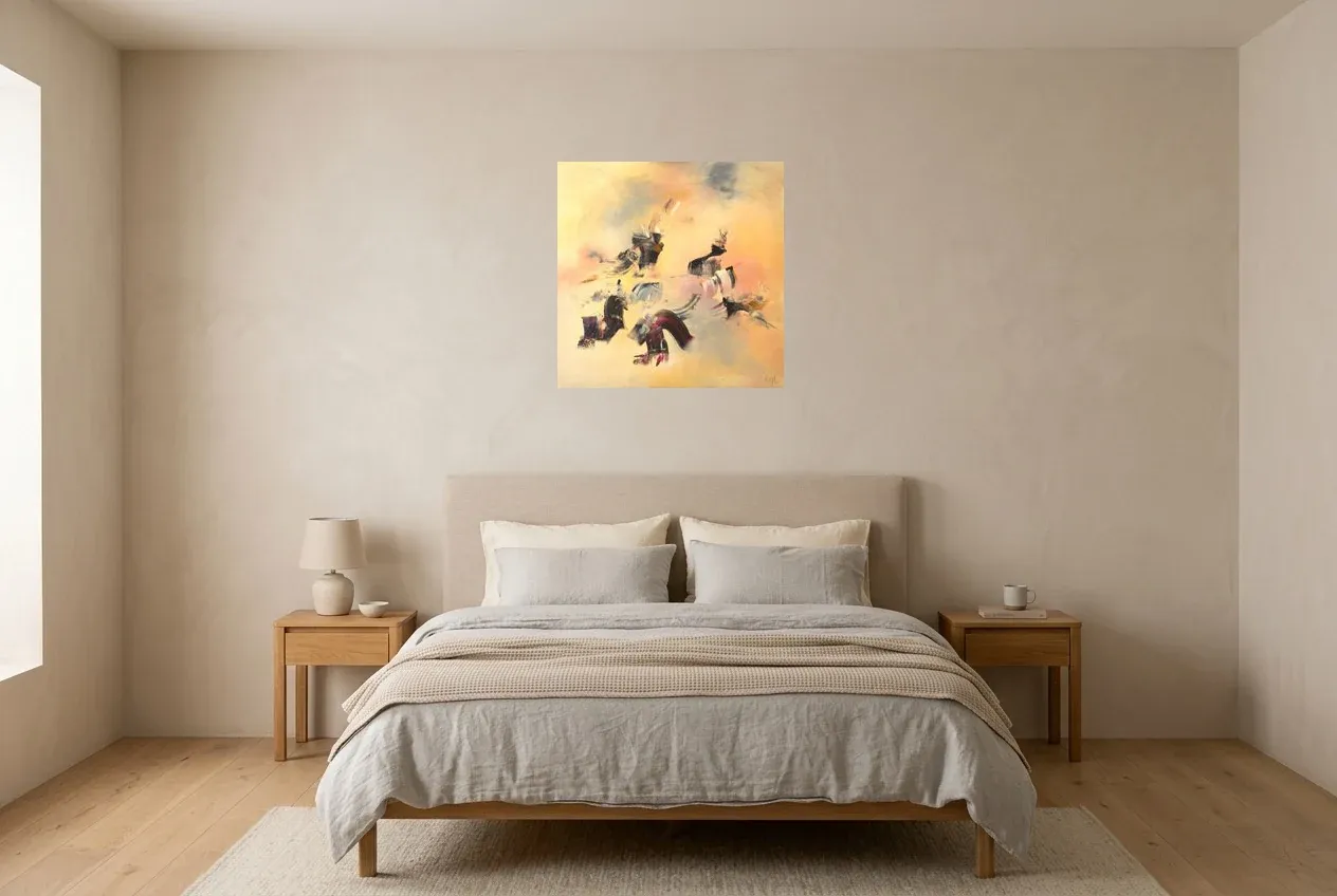 Yellow Abstract Painting 16 “Danse Celeste”, original oil painting by Régine Gardan, 60 × 60 cm, hung in a bedroom
