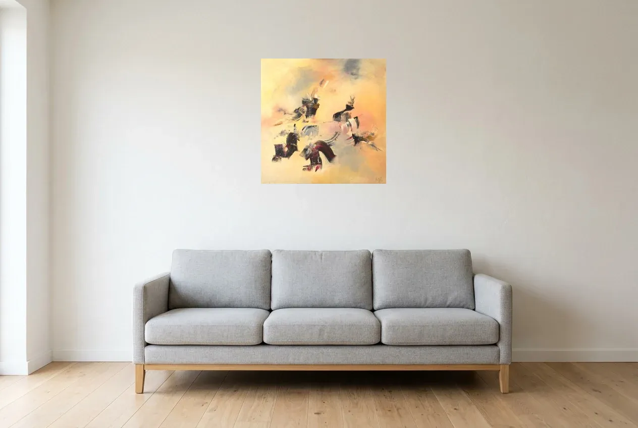 Yellow Abstract Painting 16 “Danse Celeste”, original oil painting by Régine Gardan, 60 × 60 cm, hung in a living room