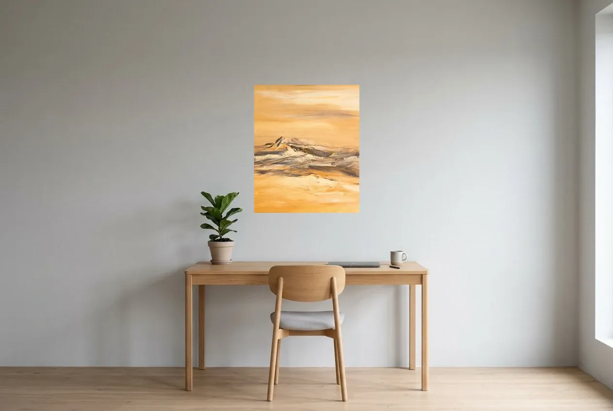 Yellow Abstract Painting 162 “Sahara”, original oil painting by Régine Gardan, 60 × 73 cm, hung in a home office