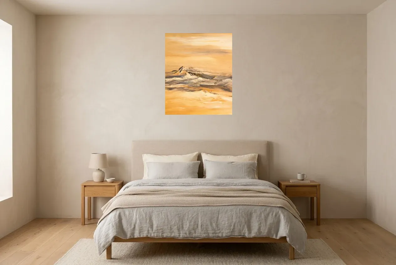 Yellow Abstract Painting 162 “Sahara”, original oil painting by Régine Gardan, 60 × 73 cm, hung in a bedroom