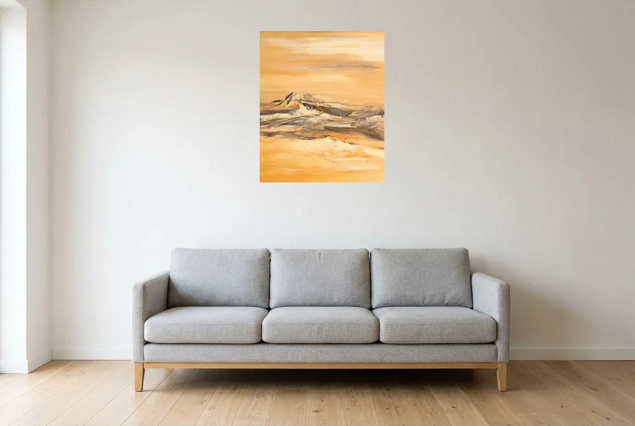Yellow Abstract Painting 162 “Sahara”, original oil painting by Régine Gardan, 60 × 73 cm, hung in a living room